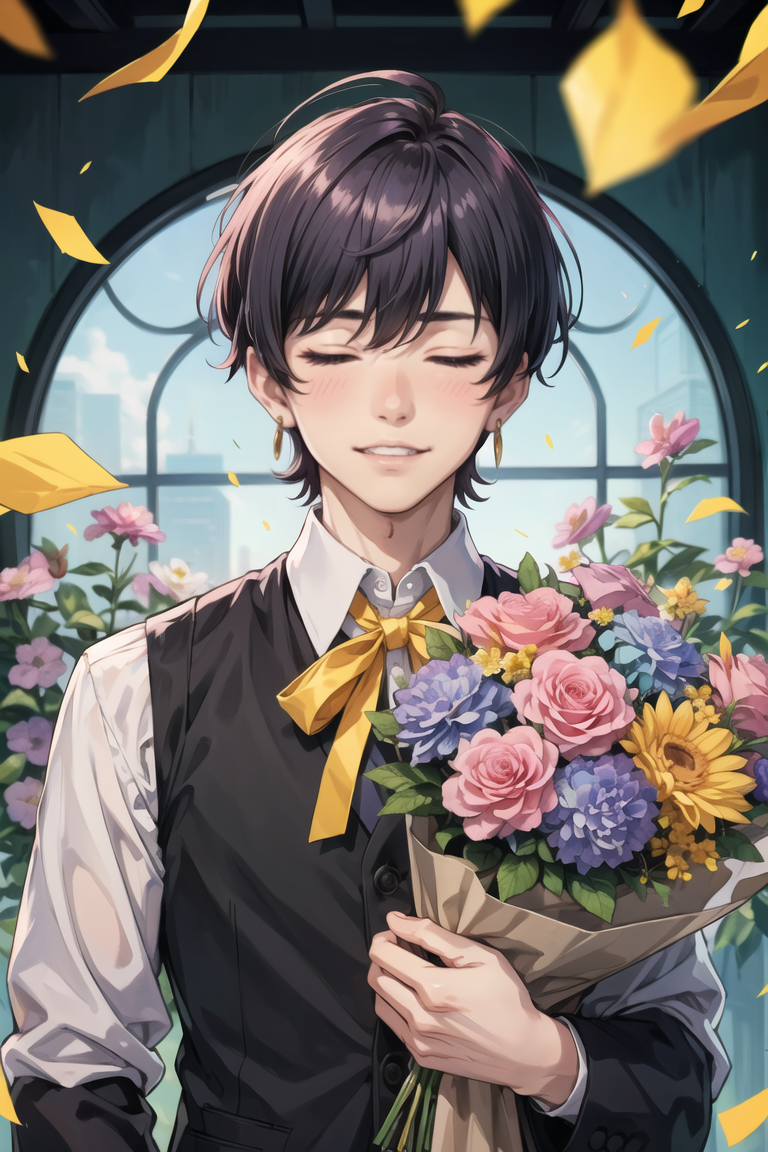 389168-2738511722-masterpiece, best quality, (masculine),solo,purple_flower,vest,teeth,shirt,bouquet,kamishiro_rui,asymmetrical_bangs,ribbon,holdi.png